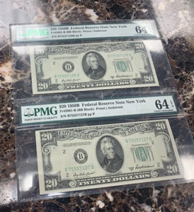 (2) U.S. 1950-B $20 FRN NEW YORK.FR#2061-B PMG-64EPQ CONSECUTIVE SERIAL NUMBERS - Picture 1 of 8