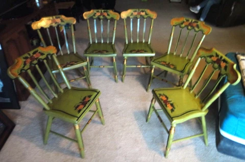 6 Antique HAND PAINTED DECORATED AMERICAN FOLK ART WOOD PLANK BOTTOM CHAIRS READ Cover