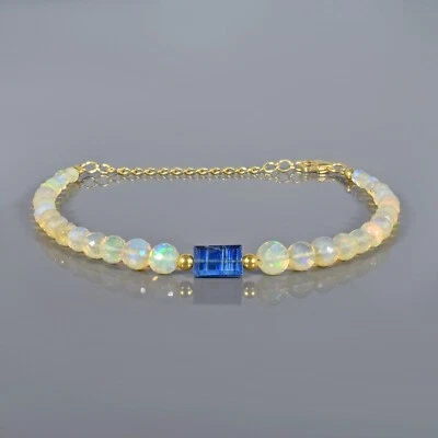 Браслет ручной работы из серебра 925 пробы с круглыми бусинами из натурального огненного опала и синего кианита - Изображение 1 из 4