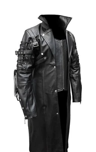 Mens Genuine Black Leather Trench Coat Steampunk Leather Jacket Long Coat Gothic - Picture 1 of 4