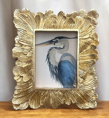 Mini estampado acuarela pájaro garza azul en marco ornamentado estilo vintage dorado Foto 1 de 4