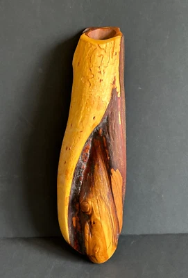 Natural Hand Carved Burl Wood Hanging Wall Vase Earth Gems 2012 Signed 12.5 inch - Image 1 of 4