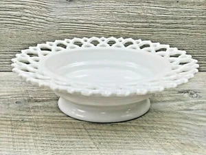 Vintage Milk Glass Pedestal Footed Lace Edge Oval Dish Bowl 9" - Picture 1 of 5