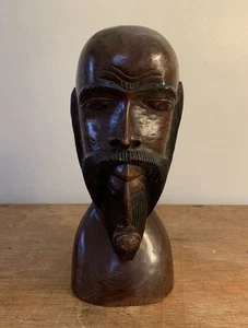 BUSTO DE MADERA DE CAOBA JAMAICANA DE COLECCIÓN 13" HOMBRE CON TUBO TALLADO ARTE EUWART JUMPP RARO - Imagen 1 de 11