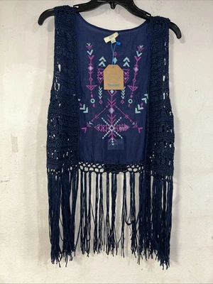 Cardigã Kori America colete aberto azul boho franja bordado de crochê, grande, novo com etiquetas - Imagem 1 de 4