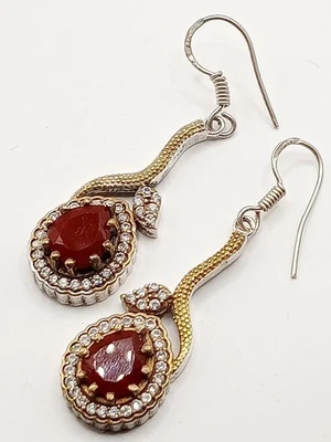 Orecchini Vintage Turchi Pendenti argento 925 Radice Rubino Zirconi Placcato Oro - Immagine 1 di 4