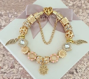 Gold Pandora Bracelet Heart Clasp.& Gold Charms with Pandora gift Box. 19 cms - Picture 1 of 24