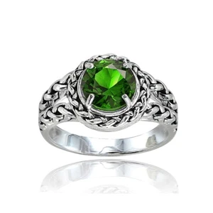 Sterling Silver Simulated Emerald Round Oxidized Rope Split Shank Ring, Size 7 - Picture 1 of 3
