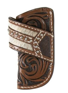 3D Knife Sheath Leather Calf Hair Inlay Studs Tooled Floral Brown D8401102 - Picture 1 of 1