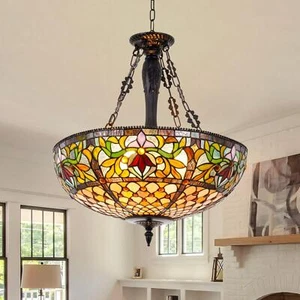 Tiffany Vintage 5-Lights Chandelier Stained Glass Pendant Lamps Ceiling Fixtures - Picture 1 of 10