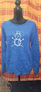 SARA MORGAN SZ SMALL Sweater Knit Long Sleeve Blue/Black Embroidered SNOWMAN  - Picture 1 of 11