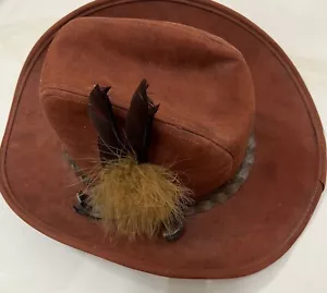 Vintage Cowboy Hat With Feathers Brown Size 7 1/2 X 6 1/2 Inches Made In USA - Picture 1 of 4