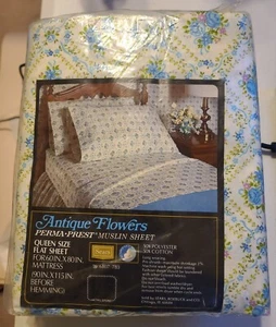 New Sears Roebuck Antique Flowers Blue Pattern Queen Size Flat Sheet Bedding - Picture 1 of 6