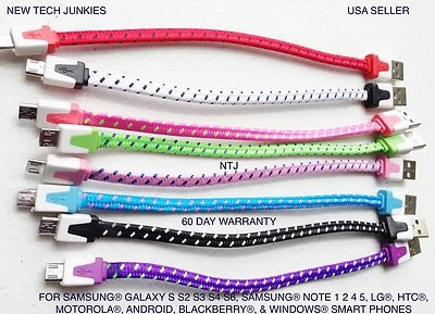 SHORT 8" Flat braided MICRO B USB DATA Charger Cable for galaxy s6+ edge s7 note - Image 1 of 4