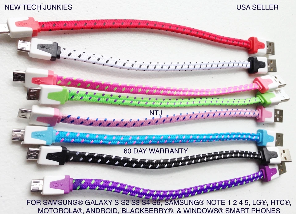 SHORT 8" Flat braided MICRO B USB DATA Charger Cable for galaxy s6+ edge s7 note - Image 1 of 4