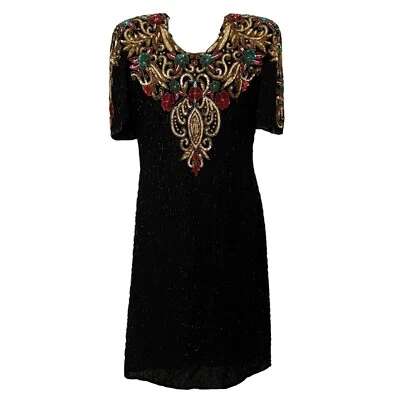 SCALA HEAVILY Sequin Beaded Sheath Dress Short Sleeve Black w Red Green Gold, L - Image 1 of 4