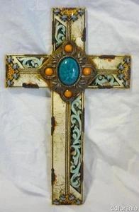 Holy Cross Sewn Tooled Leather Western Bejeweled Wall Cross Made of Polyresin - Picture 1 of 1