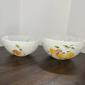 Vtg Anchor Hocking Fire King Milk Glass Bowl With Painted Fruit - Set of 2 7&8” - Picture 1 of 11