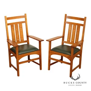 Stickley Mission Collection Pair of Harvey Ellis Inlaid Oak Dining Armchairs - Picture 1 of 18