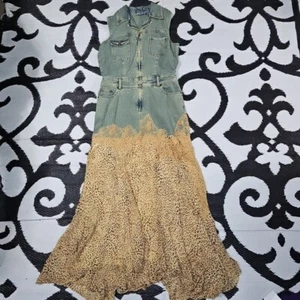 Y2K Jeanology Denim Jean Leopard Print Lace Zipper Long Maxi Dress 12 Vtg A797 - Picture 1 of 16