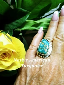 Anillo Nativo Americano Navajo Zorro Turquesa y Plata de Ley Firmado Talla 8 - Imagen 1 de 12