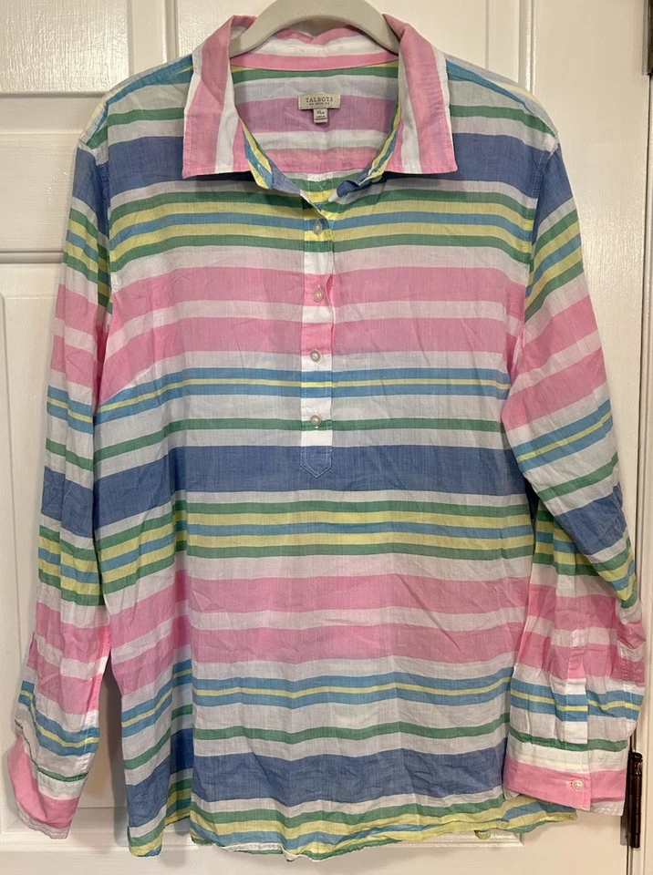 Talbots Womens Size XLP Petite Beach Club Striped Popover Top Long Sleeve Cotton - Image 1 of 4