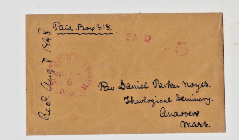 ANDOVER THEOLOGICAL SEMINARY,REV DANIEL PARKER NOYES 1848  MANCHESTER STAMPLESS - Image 1 of 2