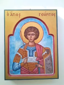 Original hand painted Saint Georgios Greek Byzantine Orthodox icon on 16x22 wood - Picture 1 of 6