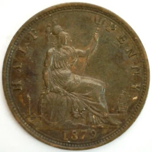1879 Great Britain Bronze Half Penny 1/2c UK Coin Extra Fine Circulated Victoria - Picture 1 of 2