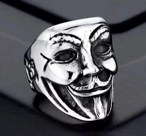Anillo Anónimo Plata V Como Vendetta Máscara Calavera Acero Inoxidable Motociclista Plata - Imagen 1 de 5