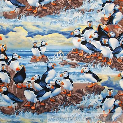 Edredón de algodón BonEful Fabric FQ azul negro blanco blanco y negro naranja pingüino frailecillo agua Foto 1 de 4