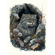 Wild Cat in Rock Cavity with Wildflowers Canvas Poster Print Picture Wall Art