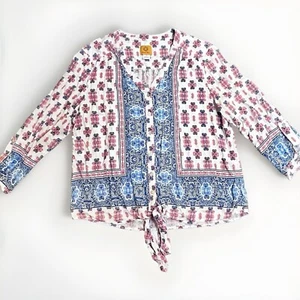Ruby Rd. Top Groß Boho Bauer Weiß Blau Rot Blumen Langarm CottageCore - Bild 1 von 9