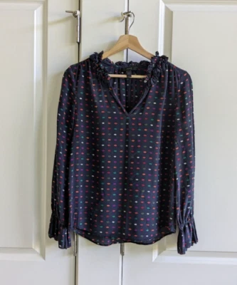 Blusa mujer J.Crew 4 azul 100 % seda gasa cuello en V manga larga cuello con volantes Foto 1 de 4