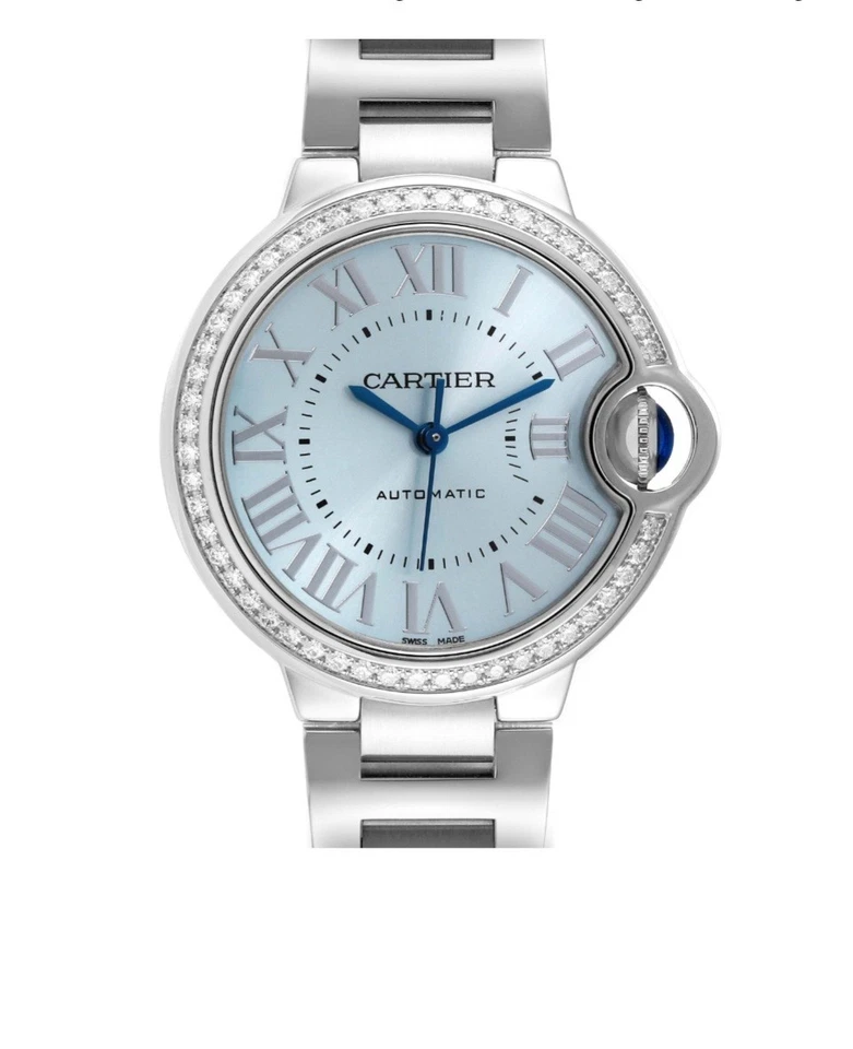 Cartier Ballon Bleu 33mm Steel Blue Dial Diamond Bezel Watch B/P W4BB0028 4373 - Image 1 of 4