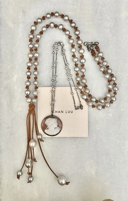 NUEVO $225 Chan Luu Perla Gris con Enorme Collar Colgante Camafeo Italiano ~ Boho Chic 🌺 Foto 1 de 4