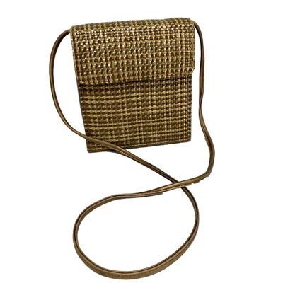 Bolso de Hombro Cartera Estilo Caja Mediados de Siglo Vintage Marrón Dorado Tejido Elegante Elegante Foto 1 de 4