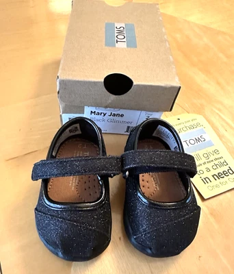 TOMS Tiny Talla 2 Mary Jane Negro Brillo Brillo Zapatos Negro Infante Recién Nacido Niñas Foto 1 de 4