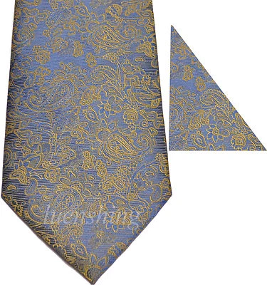 New Polyester Woven Men's neck tie & hankie set pattern blue gold yellow formal - Image 1 of 3
