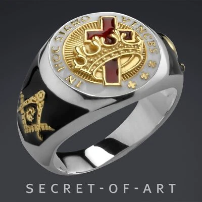 Knights Templar Ring Masonic Freemason Crusader 925 Silver Gold-Plated Size 8-13 - Image 1 of 4
