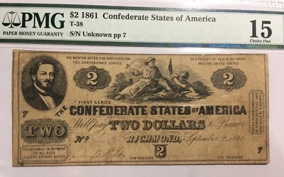 $2 1861 1st Series Confederate States Of America T-38 PMG Choice F15 -RARE - Image 1 of 4