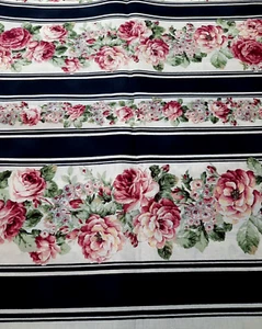 2 Yds QuiltGate Fabric RU2260-12 Pink Roses Cream & Black Stripes Cotton - Picture 1 of 4