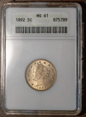 1892 5C Liberty V Nickel ANACS MS 61 # 875789 White Slab + Bonus Cover