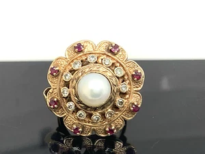 Pearl Ruby Diamond Women's Cocktail Ring 14k Yellow Gold Vintage Estate Size 5.5 - Picture 1 of 14