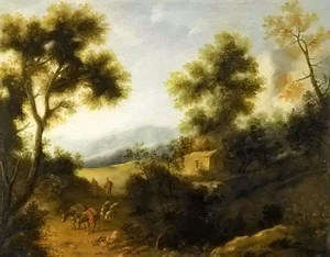 Ölgemälde Eine bewaldete Landschaft Hirte und Frau auf Weg im Vordergrund @@@ - Bild 1 von 1