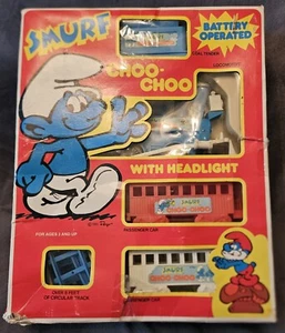 Vintage 1981 Smurf Choo Choo Train Set w/ Headlight & Box Untested Please Read - Picture 1 of 6