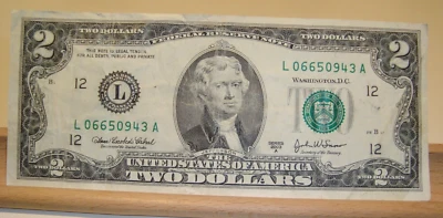 2003A Series $2 Dollar Bill, Circulated, L066509443A - Image 1 of 4