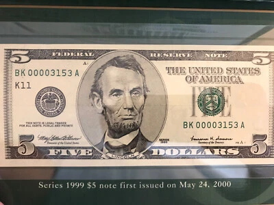 Series 1999 Low Numbered Uncirculated $5 Note – BK00003153A - K11 - Dallas - Image 1 of 4