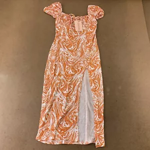 Missguided Women's Size 2 Petite Orange White Printed Puff Sleeve Midaxi Dress - Picture 1 of 9