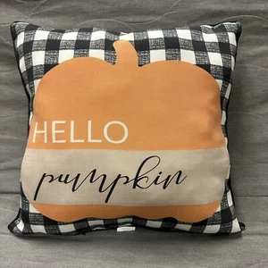 At Home Orange Hello Pumpkin Fall Decor Pillow Black White Checkered 16X16 - Picture 1 of 6